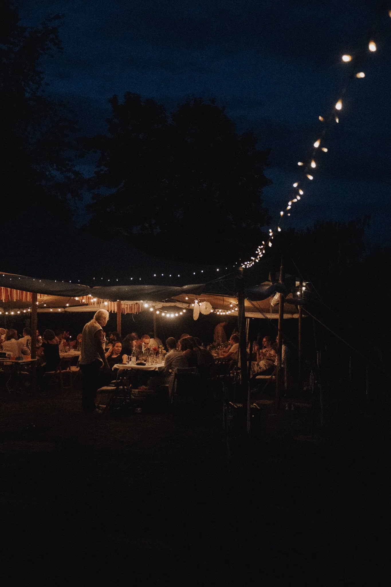 Menschen sitzen bei Abendveranstaltung unter Zeltdach mit Lichterketten im Freien, umgeben von Bäumen.
