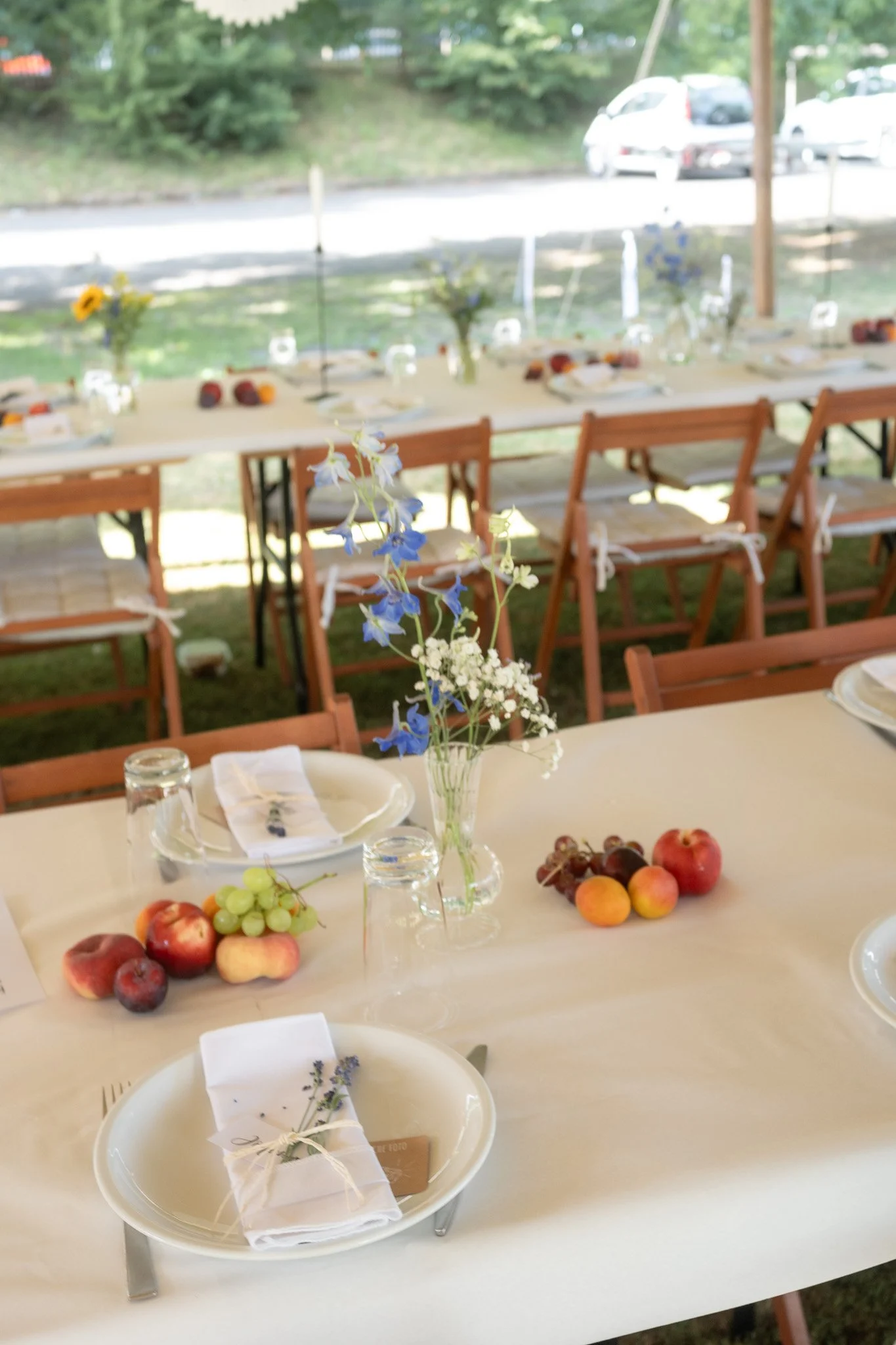 Ein festlich gedeckter Tisch im Freien mit Blumenstrauß und Früchten.