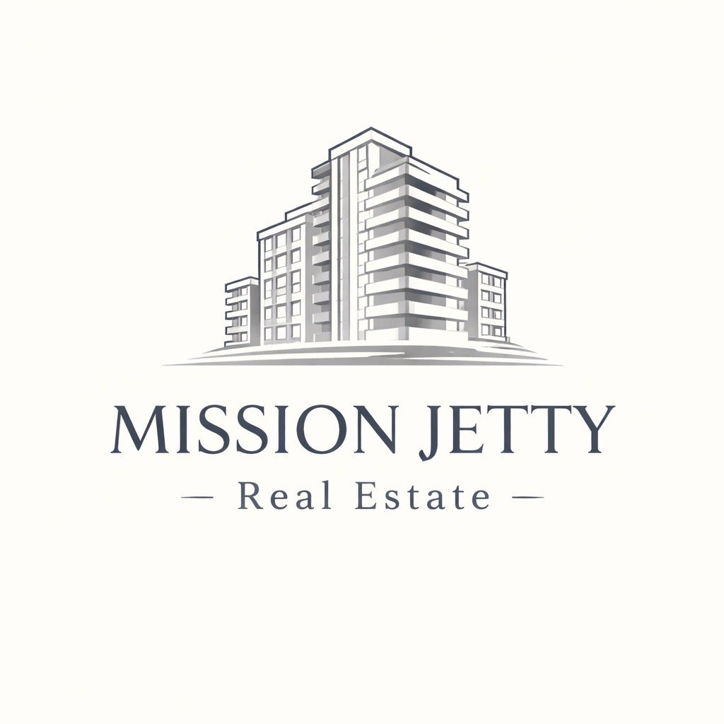 Logo for Mission Jetty Real Estate featuring a sketch of a modern multi-story building.