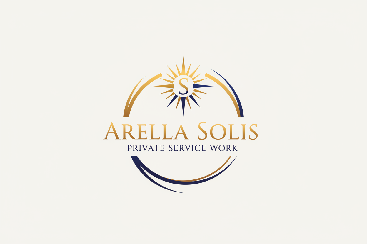 Logo for Arella Solis, a private service work business, featuring a circular emblem with a sun and the letter 'S' at the center, and text in gold and navy.