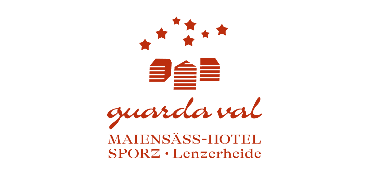 Logo des Guarda Val Maiensäss-Hotel mit roten Bergen, Sternen und Text in Rot.