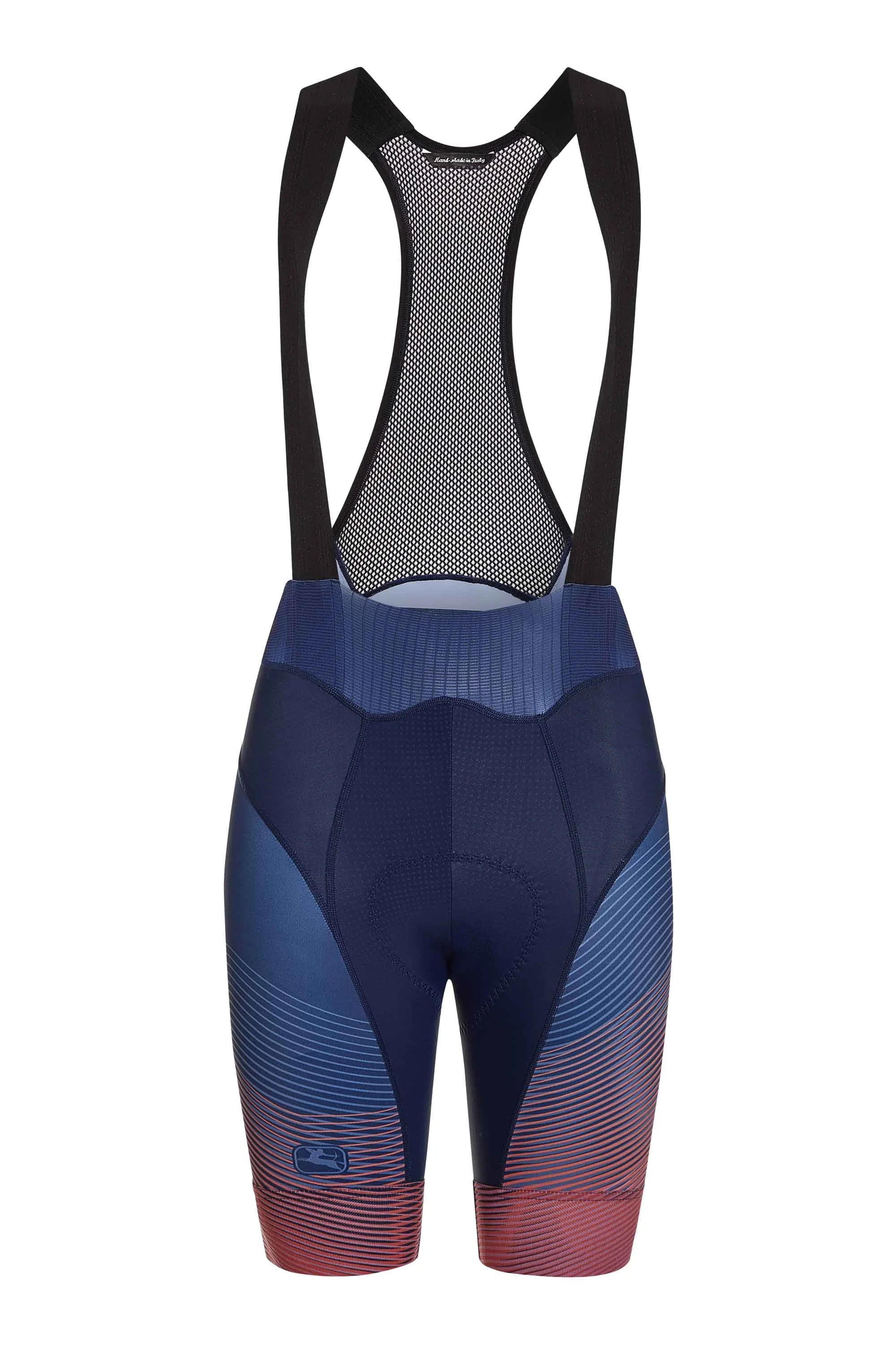 Radsport-Trägerhose mit blauem, roten und schwarzen Mustern und einer Netz-Oberschenkelpartie.
