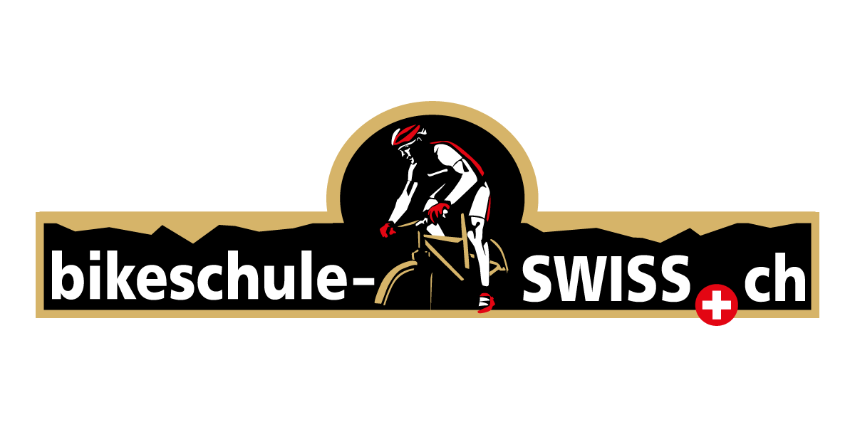 Logo einer Fahrradschule mit einer Mountainbike-Figur in der Mitte, der auf einem Fahrrad fährt, umrahmt von einem goldenen Bogen und einem schwarzen Hintergrund, mit Text 'bikeschule-SWISS.ch' und einem roten Schweizer Kreuz.