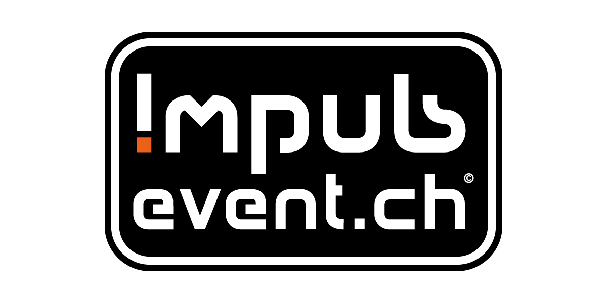Logo mit Text 'impulsevent.ch' in weiß, schwarzem Hintergrund, orangeem Punkt und weißem Rahmen.