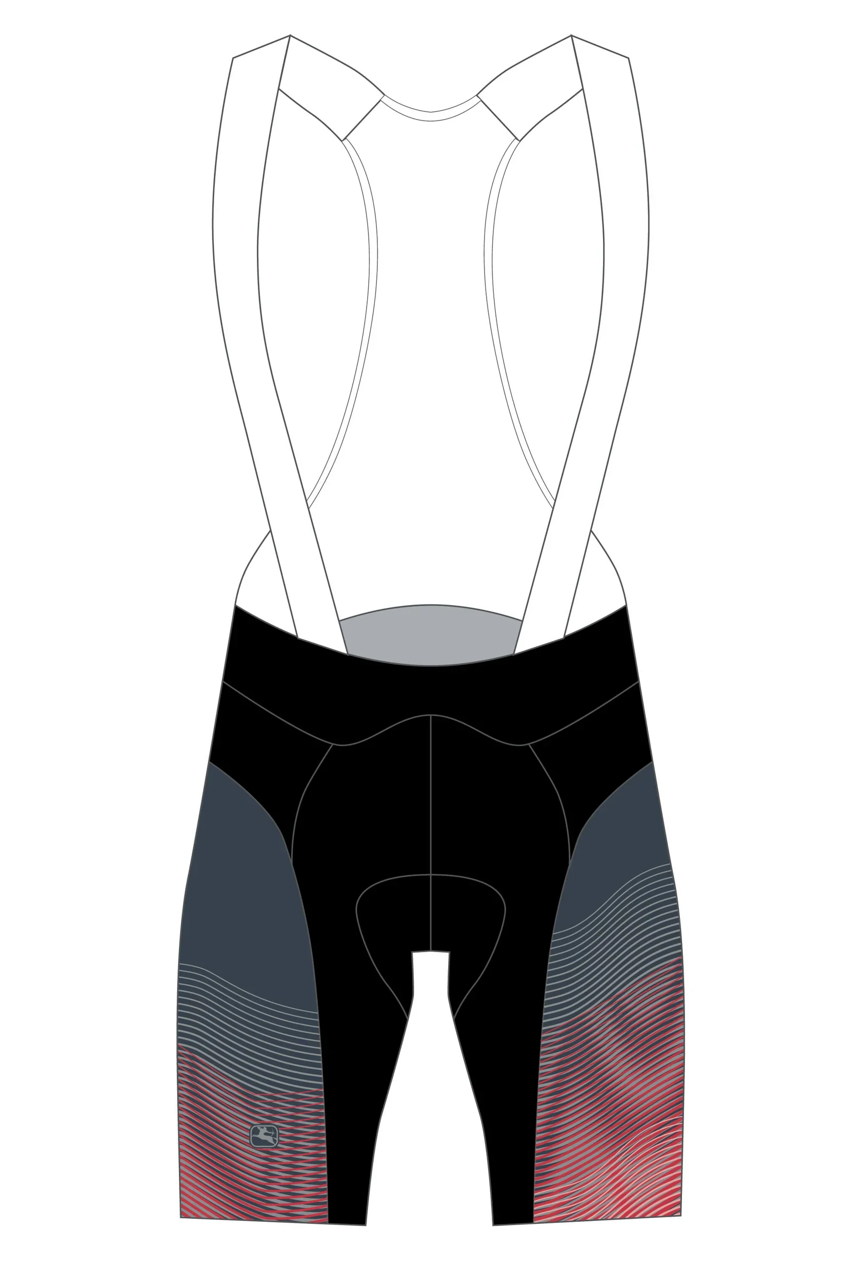 Skizze von Radsporttrikots, bestehend aus einem ärmellosen Oberteil mit Trägern und enganliegenden Shorts mit einem Farbverlauf in Schwarz, Grau und Rot.