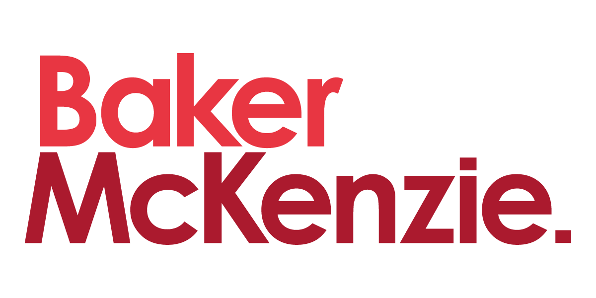 Rot gedruckter Text mit den Worten 'Baker McKenzie' auf schwarzem Hintergrund.