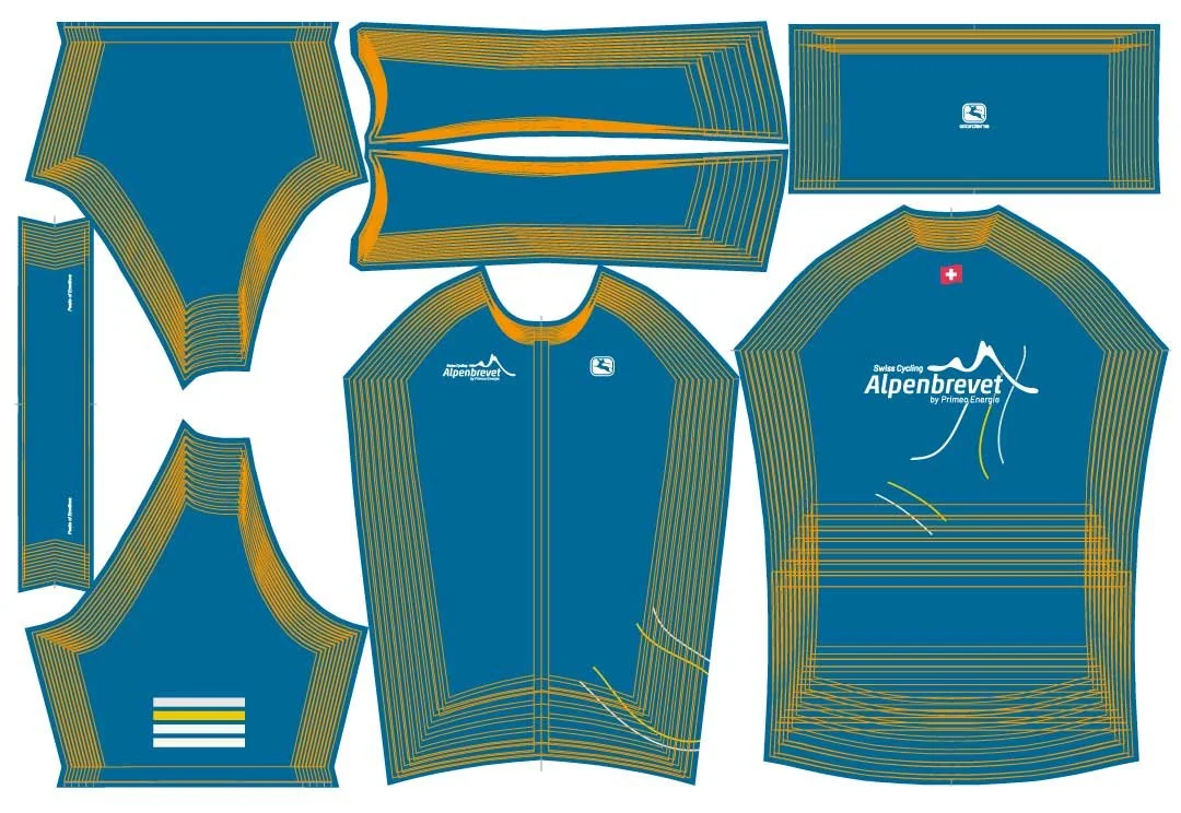 Detailliertes Schnittmuster eines Geschicklichkeits- oder Fahrrad-Trikots mit blauer Grundfarbe, orange Akzenten, weißen Linien und Schweizer Flagge, inklusive Marken- und Event-Logo