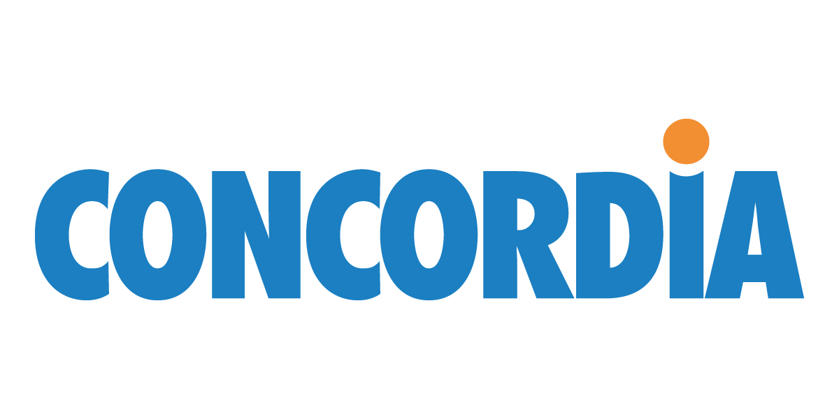 Das Bild zeigt das Logo der Organisation Concordia, bestehend aus dem Wort 'CONCORDIA' in blauer Schrift mit einem orangefarbenen Punkt über dem Buchstaben 'I'.