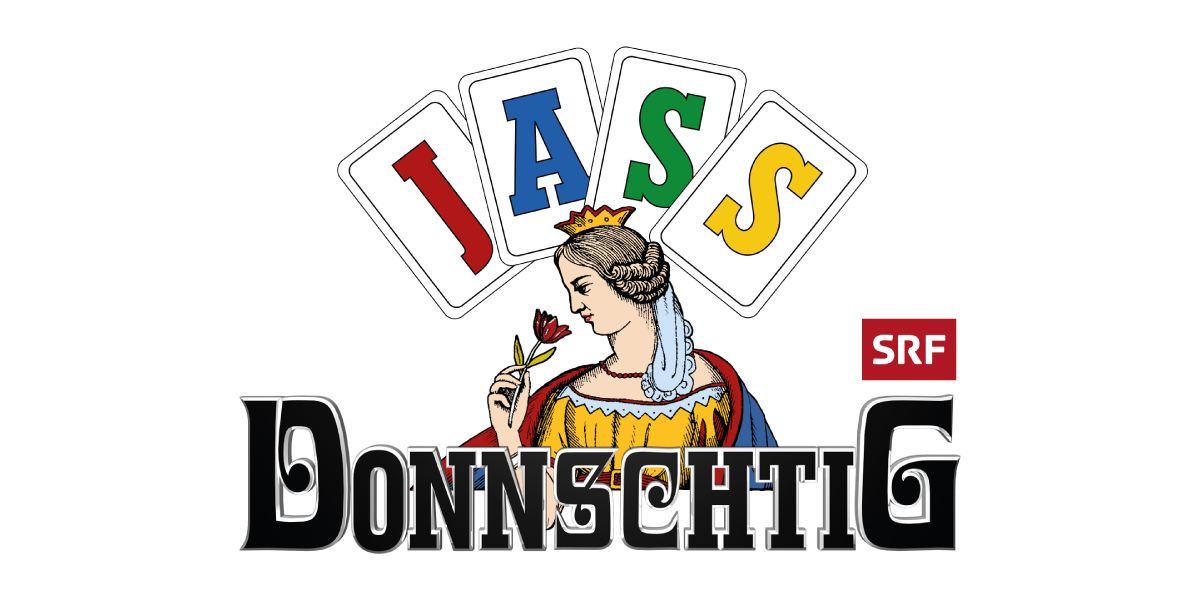 Illustration einer Frau mit Krone, die eine Rose hält, mit Spielkarten mit den Buchstaben J, A, S, S über ihrem Kopf, und dem Schriftzug "DONNSCHTIG".