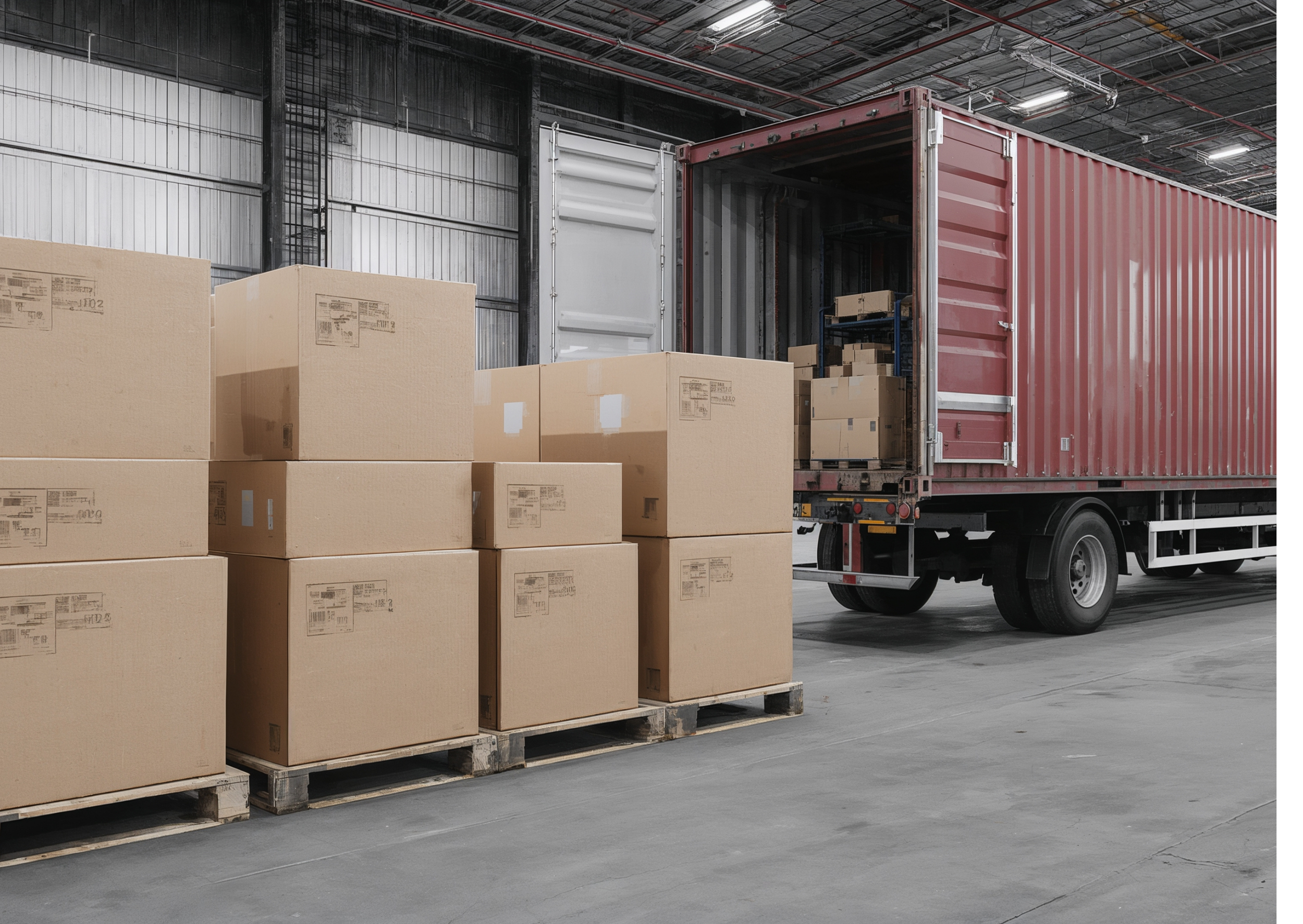 A warehouse with large cardboard boxes on pallets and a red shipping container truck with its door open, inside are more boxes on shelves.