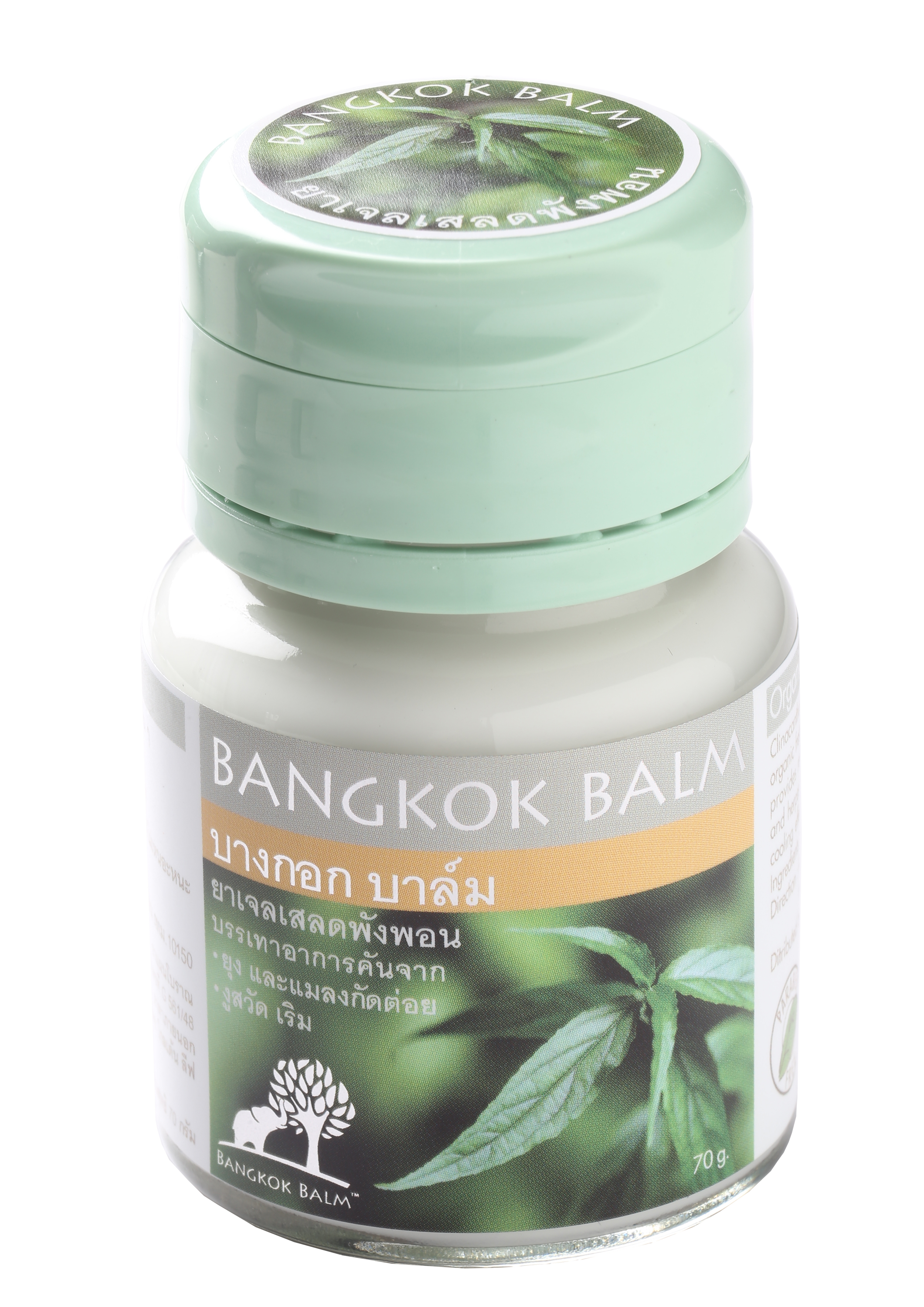 A small container of Bangkok Balm Organic Acanthaceae Gel with a green lid and a label featuring a green leaf and Thai writing.