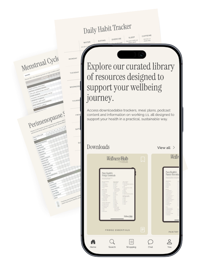 Smartphone displaying a wellness app with resources for health and wellbeing; paper printouts of menstrual, perimenopause, and daily habit tracker charts underneath.