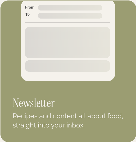 A newsletter template with a green background, a top section for 'From' and 'To' fields, a large content area, and a title that reads 'Newsletter' with a subtitle about recipes and food content.