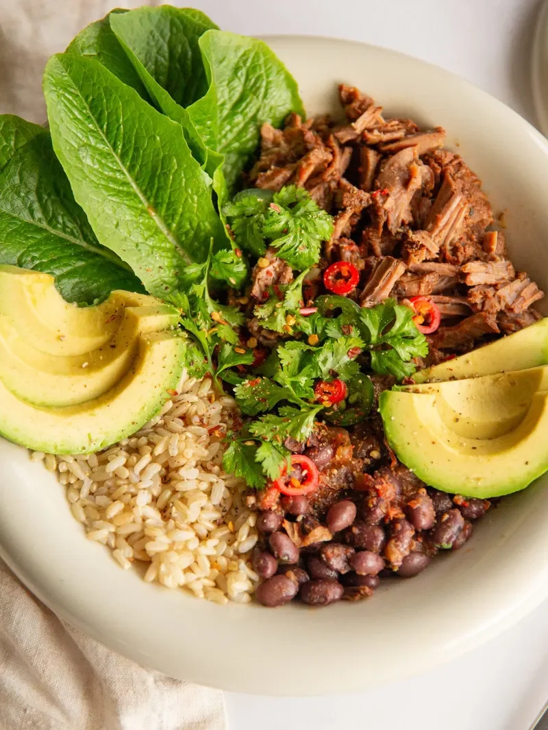 Bowl of Mexican-style shredded beef with rice, black beans, sliced avocado, fresh cilantro, red chili slices, and romaine lettuce leaves.