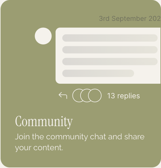 A green community chat interface with a date of September 3rd, 2022, showing a post with 13 replies, and an option to reply. The post includes a main content area and a section inviting users to join the community chat and share content.