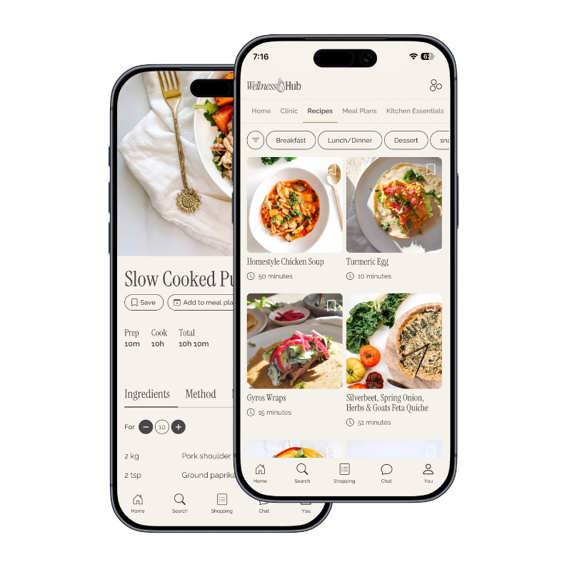 Mobile app screen showing healthy recipes, including homestyle chicken soup, turmeric egg, gyros wraps, and spinach and goat cheese quiche, with navigation menu at the bottom.
