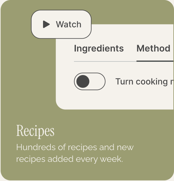 Screenshot of a recipe app interface featuring tabs for ingredients and method, a toggle switch, and a section labeled 'Recipes' with a description about new recipes added weekly.