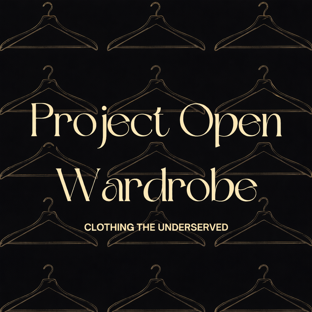 A promotional poster for 'Project Open Wardrobe' featuring multiple outline illustrations of clothes hangers on a black background, with the tagline 'Clothing the Underserved'.