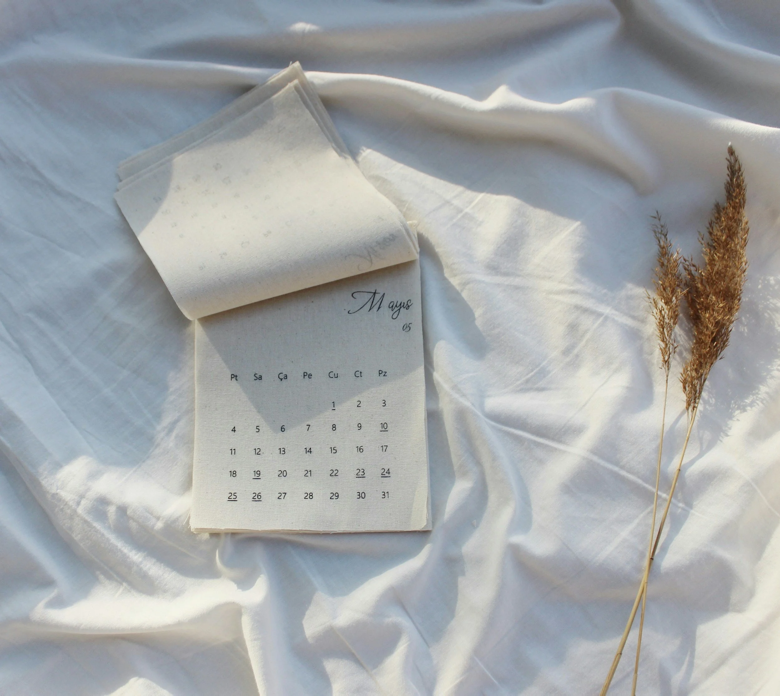 A white calendar page for May 2023 placed on a white fabric surface with a couple of dried wheat stalks nearby.