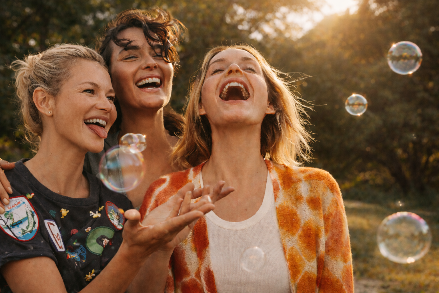 Three women laughing and playing with soap bubbles outdoors during sunset.