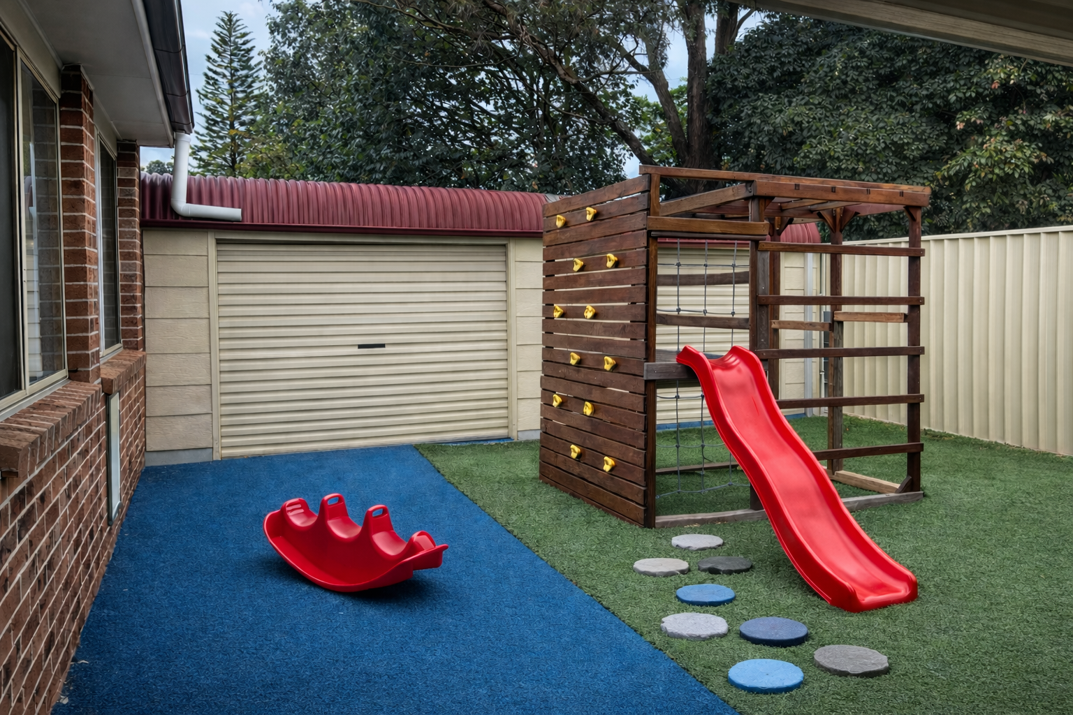Backyard with a small red slide, a climbing structure with a red slide, artificial turf, a blue rubber mat, a stepping stone path, a brick house wall, and a beige fence with trees in the background.