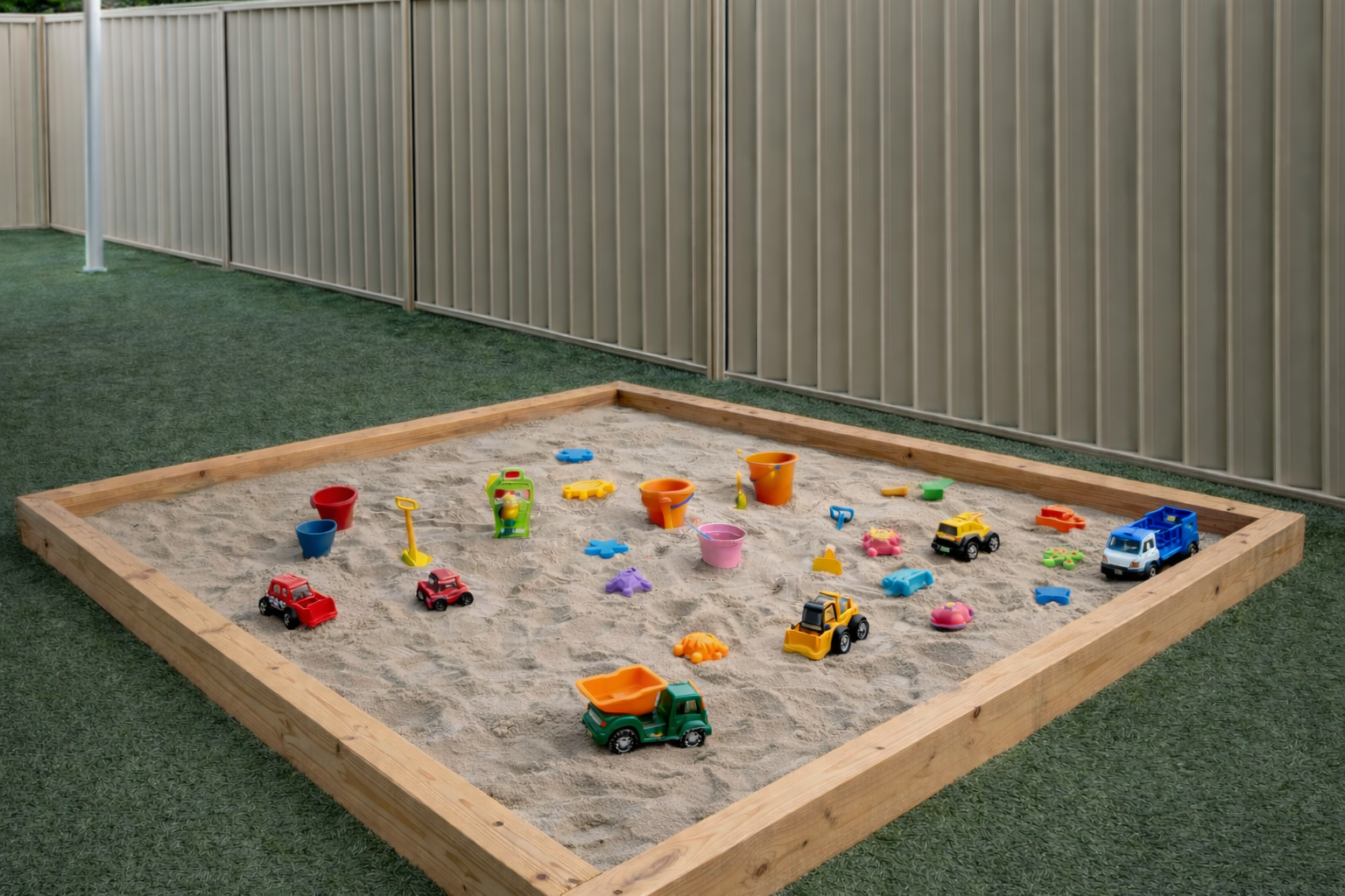 Children's sandbox with toy trucks, shovels, buckets, and sand molds outside near a metal fence.