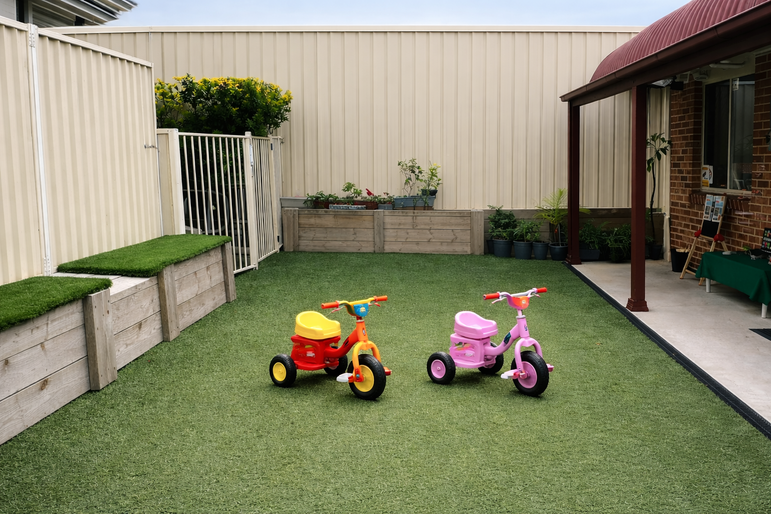 Backyard with artificial grass, two small children's bikes, one red and yellow and the other pink, arranged next to each other. There are wooden planters, some with plants, along the back wall, and a brick house with a covered porch on the right. The yard is enclosed with a cream-colored fence and includes some small artificial grass-covered benches.