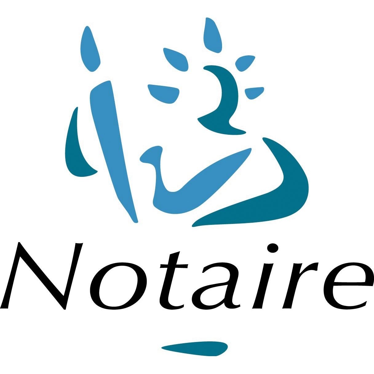 Logo avec des formes abstraites bleues formant un visage et le mot "Notaire" écrit en dessous.