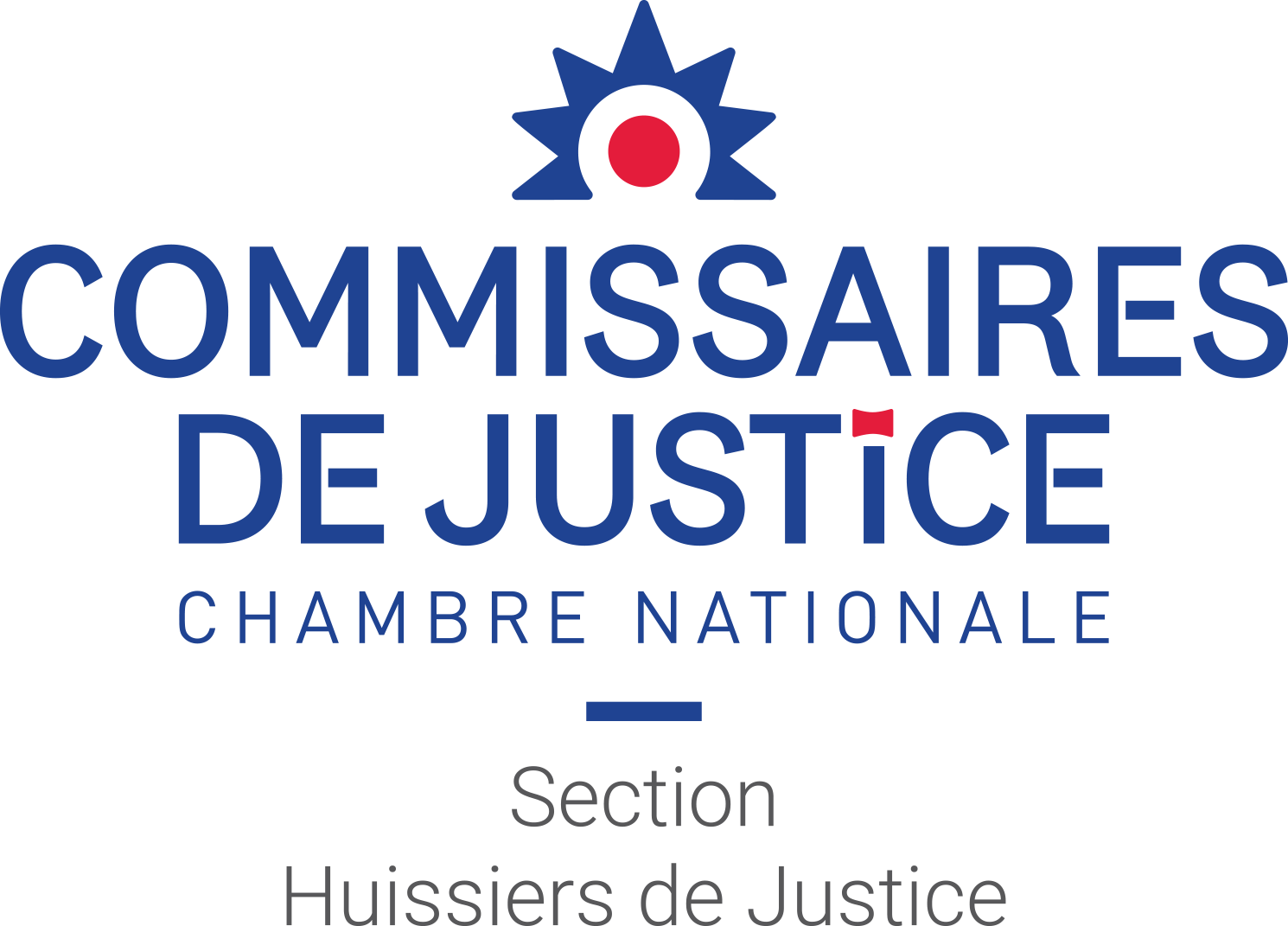Logo de la Chambre nationale des commissaires de justice avec une étoile et un cercle rouge au sommet, le texte en bleu et rouge, indiquant une section pour les huissiers de justice.