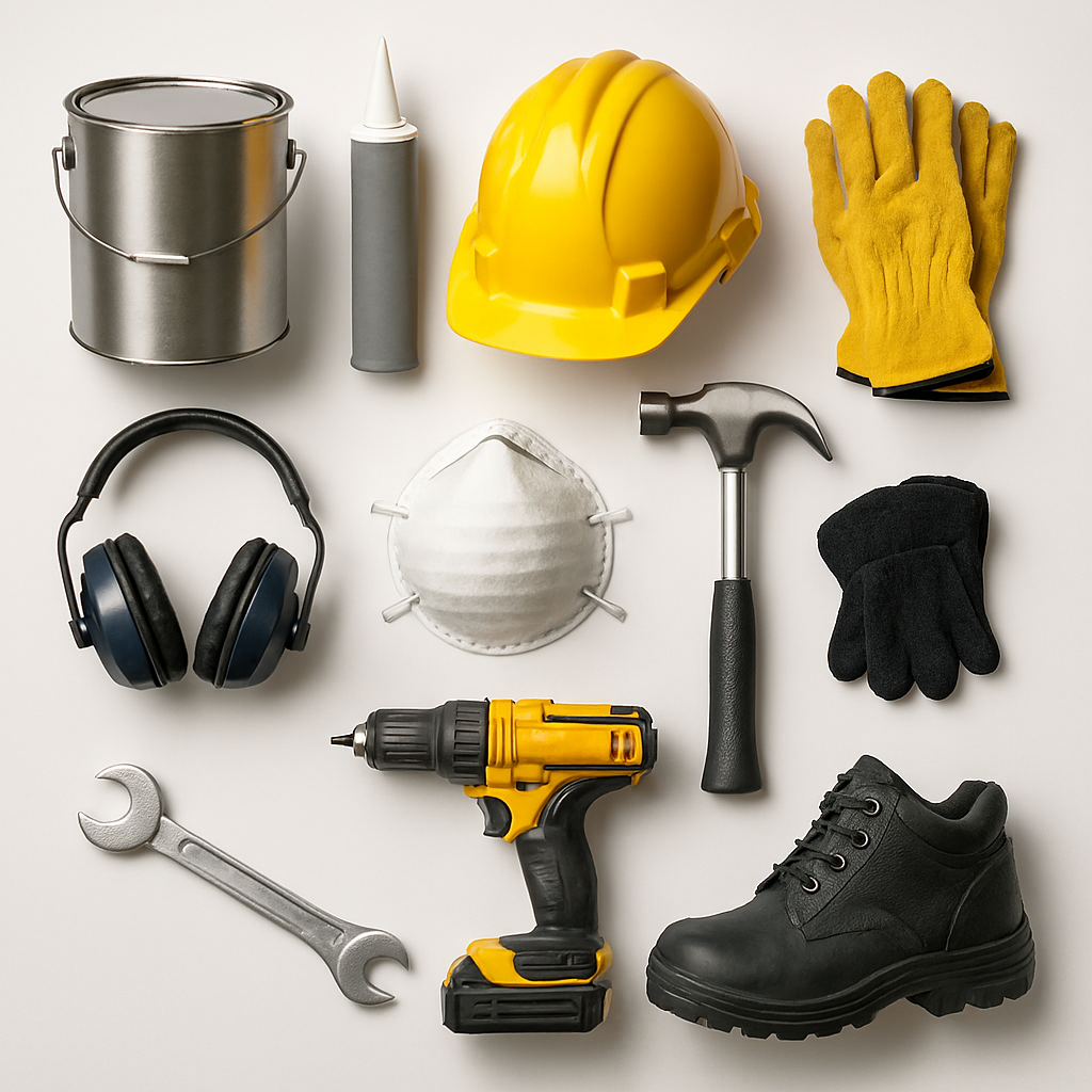Safety equipment and tools including a paint can, caulking gun, yellow hard hat, yellow work gloves, ear protection, face mask, hammer, wrench, cordless drill, black work boots, and black gloves arranged on a white surface.