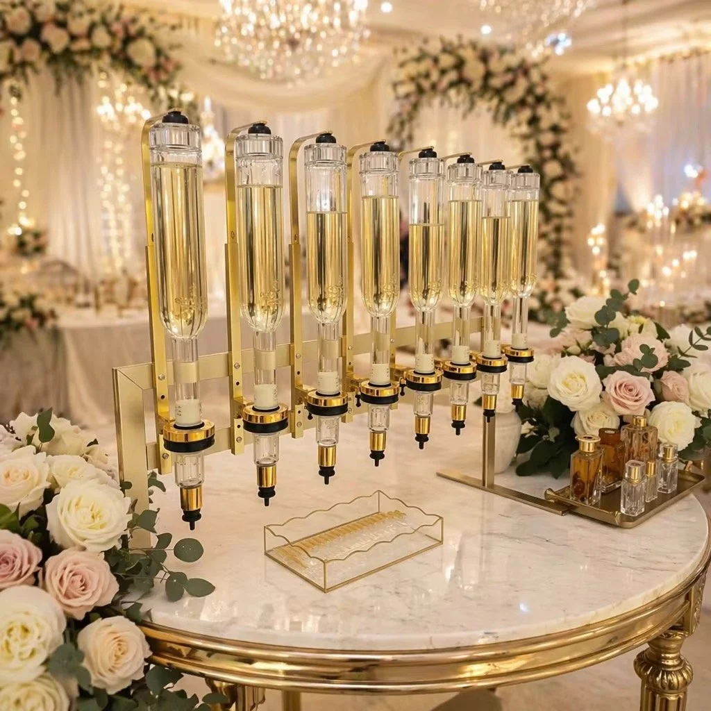 A wedding or celebration reception table with a decorative centerpiece of multiple large shot-ski glasses filled with champagne, surrounded by white and blush roses and greenery in an ornate ballroom decorated with string lights and chandeliers.