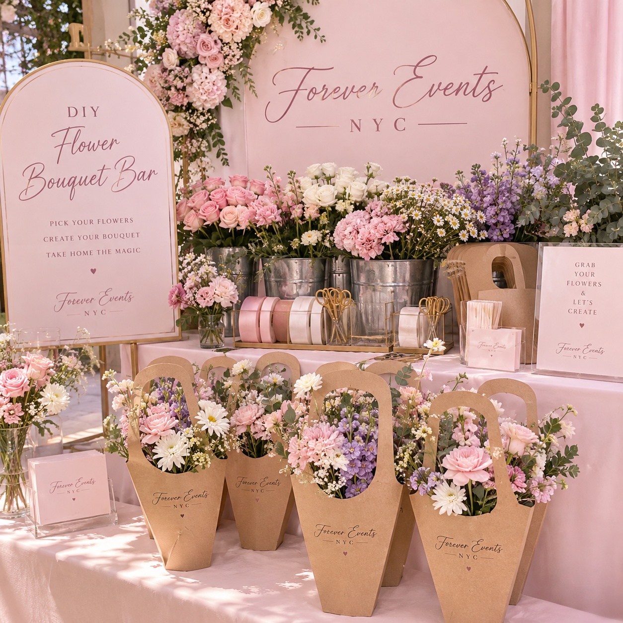 A flower arrangement booth with pink, white, and purple flowers in paper and metal containers. Signage reads 'Forever Events NYC' and 'DIY Flower Bouquet Bar'. Various ribbons, scissors, and informational signs are also visible.