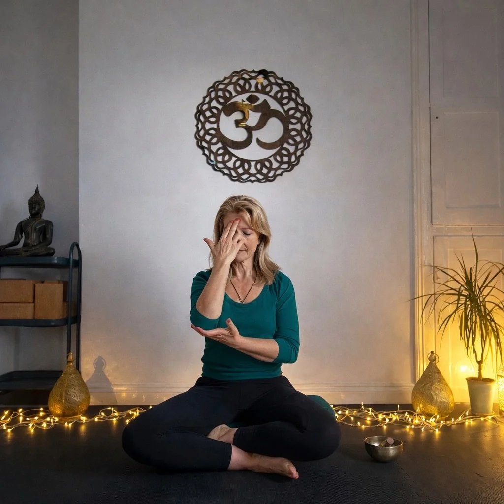A woman sitting cross-legged on a yoga mat in a meditation or yoga space, covering her face with one hand and holding her other arm, with spiritual and decorative items like a Buddha statue, a metal Om symbol, warm lighting, and plants around her.