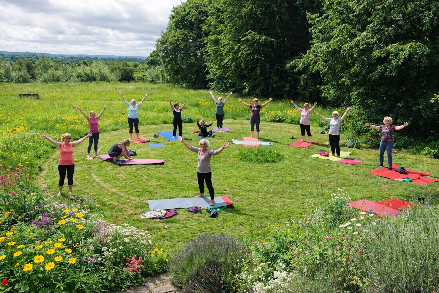 Group of women practicing yoga outdoors on a sunny day, standing on colorful yoga mats in a grassy area surrounded by flowers and trees.