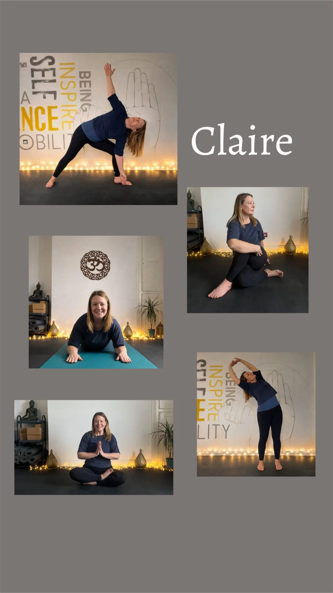 A collage of five photos of a woman named Claire practicing yoga and meditation. In the top left, she is in a side plank pose with her arm extended upwards. In the top right, she is sitting cross-legged, looking to the side. In the middle left, she is smiling and in a kneeling yoga pose. In the middle right, she is standing and stretching with her arms overhead. In the bottom left, she is sitting cross-legged with hands in a prayer position. The background features soft lighting, Buddha statues, decorative items, and positive words like "inspire" and "possibility."