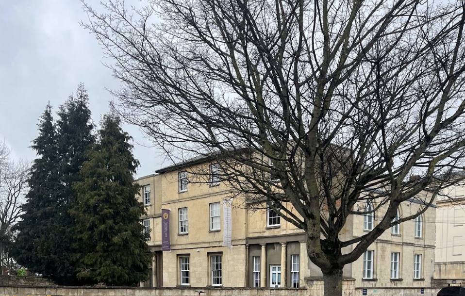 A leafless tree in front of a beige multi-story building with white window frames and a purple sign.