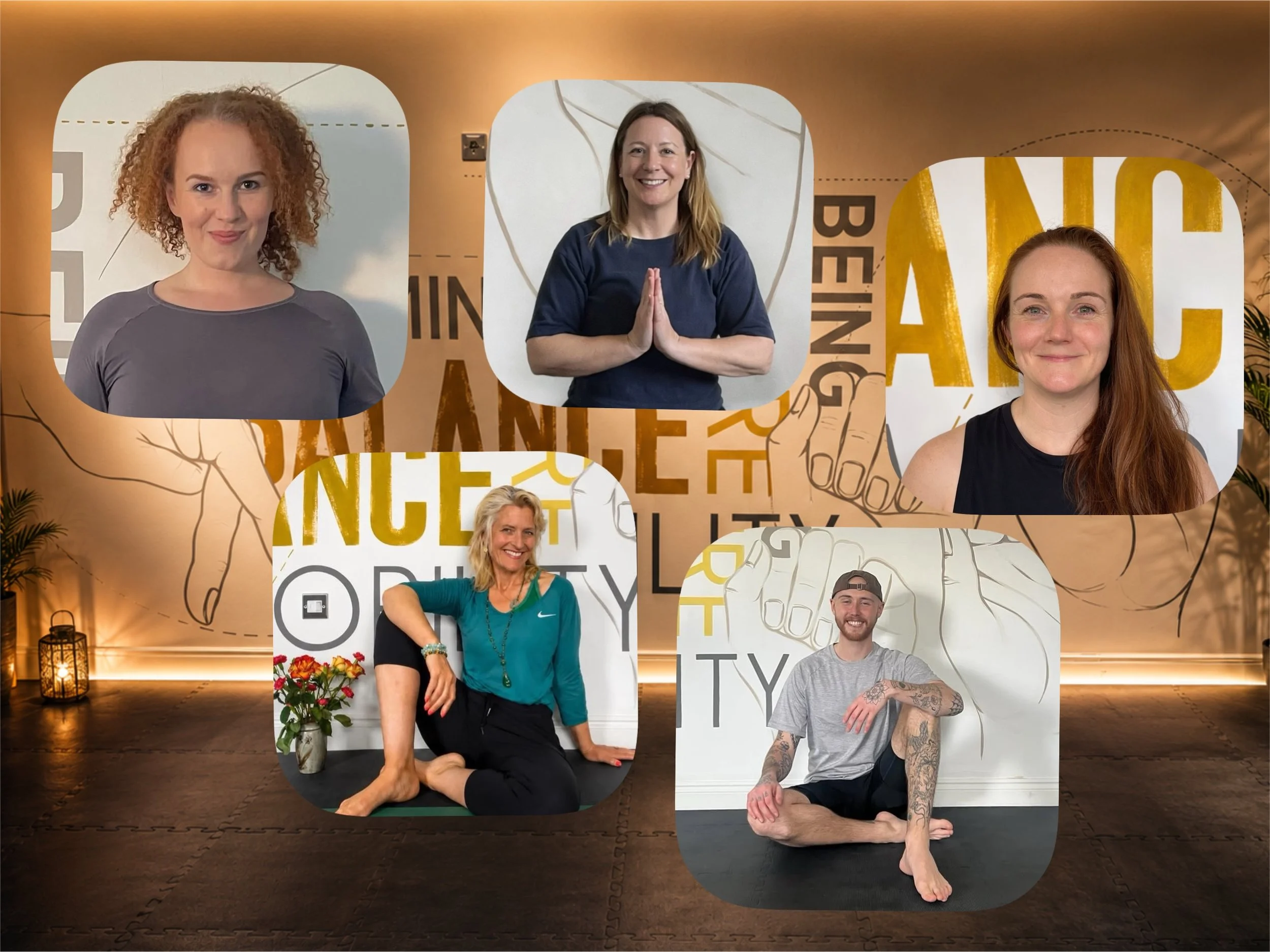 Group of six diverse people, some with tattoos, posing in front of a colorful mural with large letters and geometric shapes, indoor yoga studio with warm lighting.