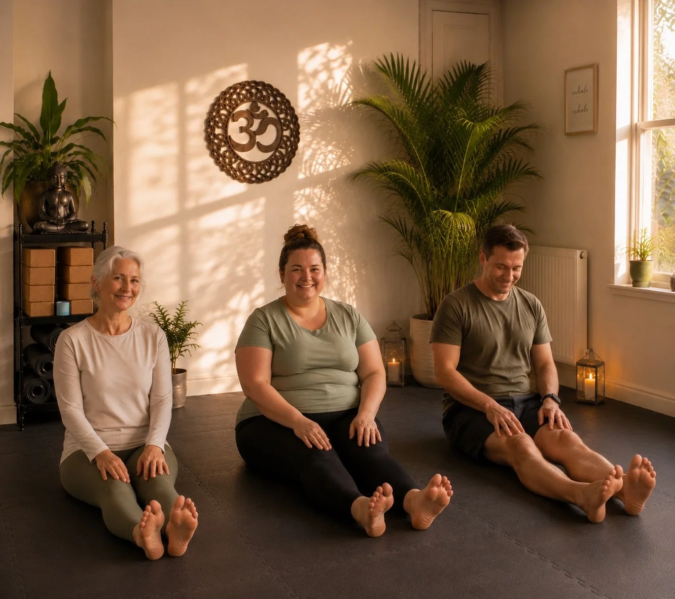 Three people sitting on a yoga mat in a room with plants, sunlight, and spiritual decor, smiling.