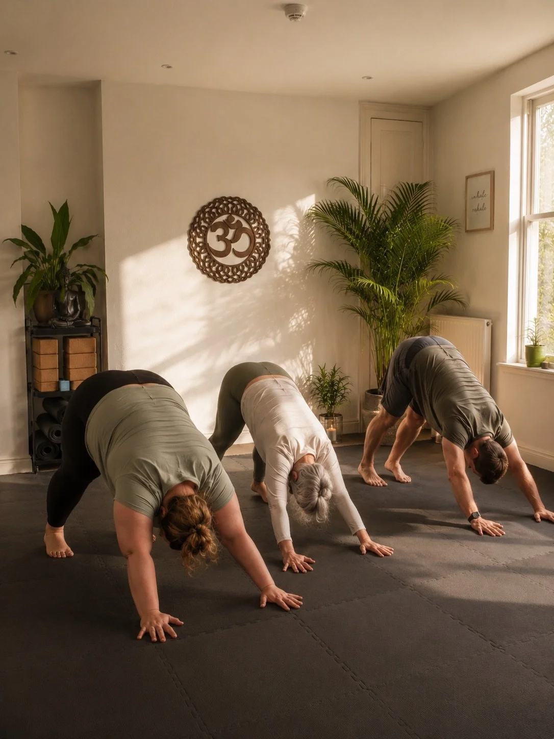 Three people practicing yoga in a room with big windows and green plants, all in downward dog pose on black mats.