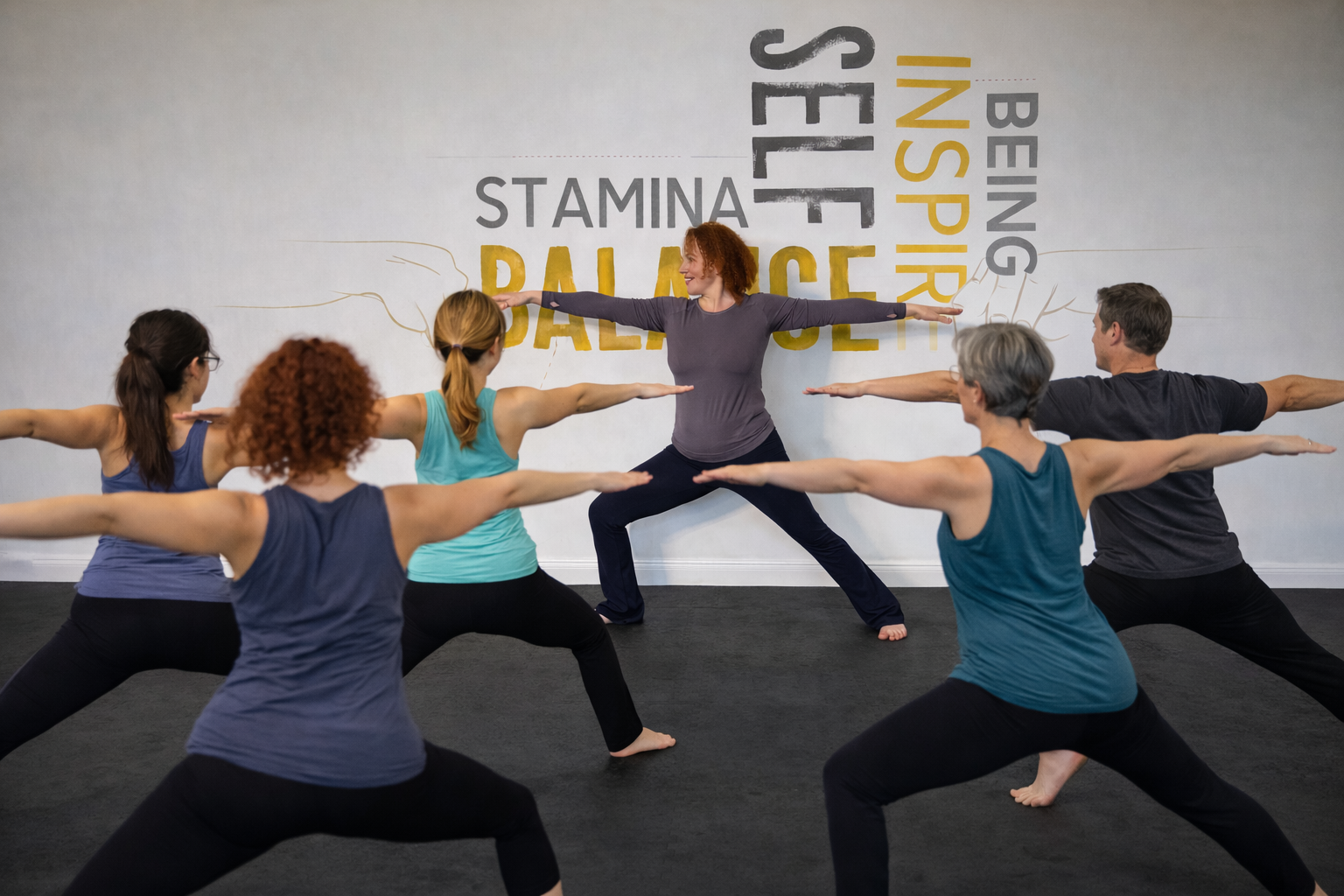 A group of six people participating in a yoga or fitness class, standing in a wide stance with arms extended, practicing pose facing a woman instructor at the front, with a wall covered in motivational words like 'Balance,' 'Self,' 'Selff,' 'Stamina,' and 'Inspire'.