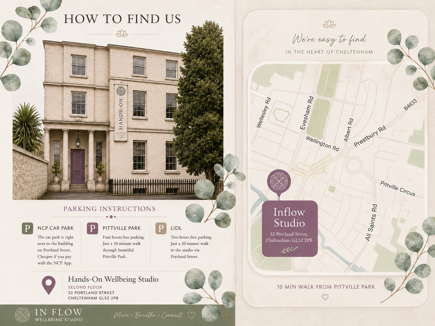 An informational brochure showing a photo of a building with a purple door, trees, and plants, along with a map of the area and parking instructions for Inflow Studio located at 32 Portland Street, Cheltenham.