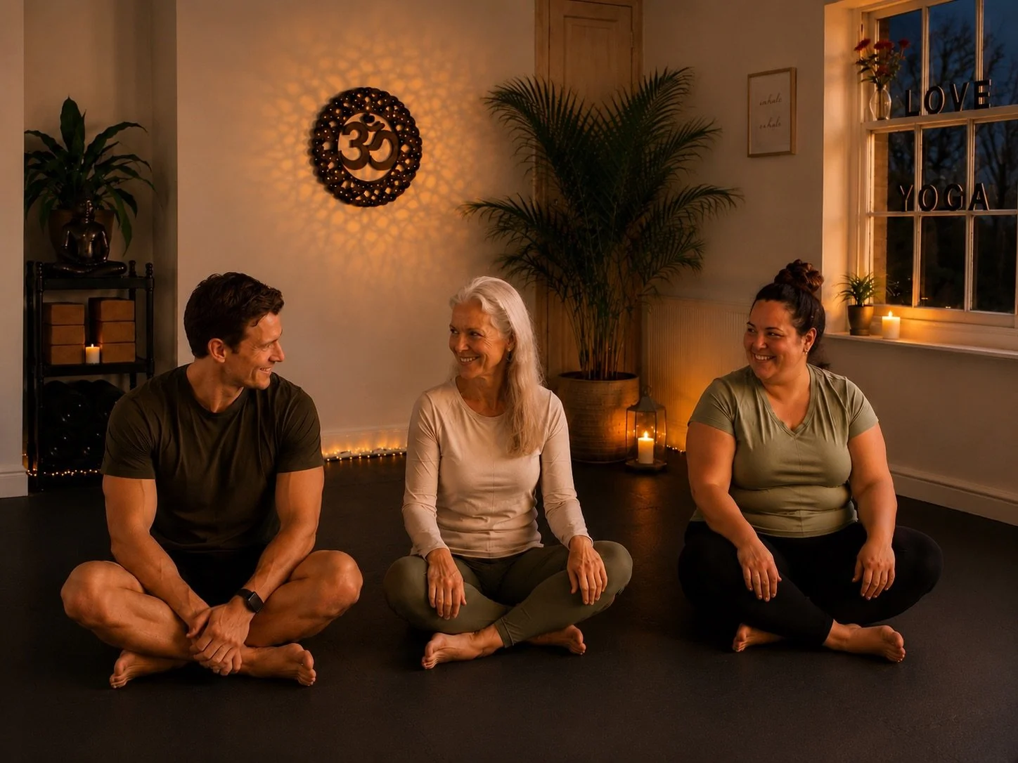 Three people sitting cross-legged on a black yoga mat in a dimly lit room, smiling and engaging in conversation during a yoga class, with decorative candles, plants, and wall art in the background.
