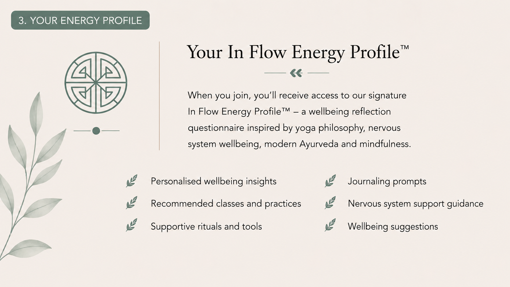Information about your In Flow Energy Profile, including wellbeing insights, journaling prompts, and support guidance, with decorative leaves and a geometric logo.