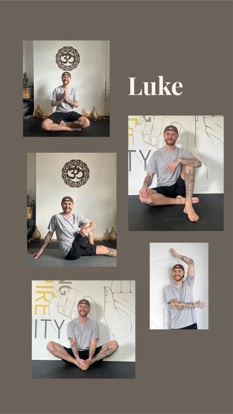 Collage of five photos of a man practicing yoga or meditation in different poses, with a background featuring a large OM symbol and artistic wall designs.