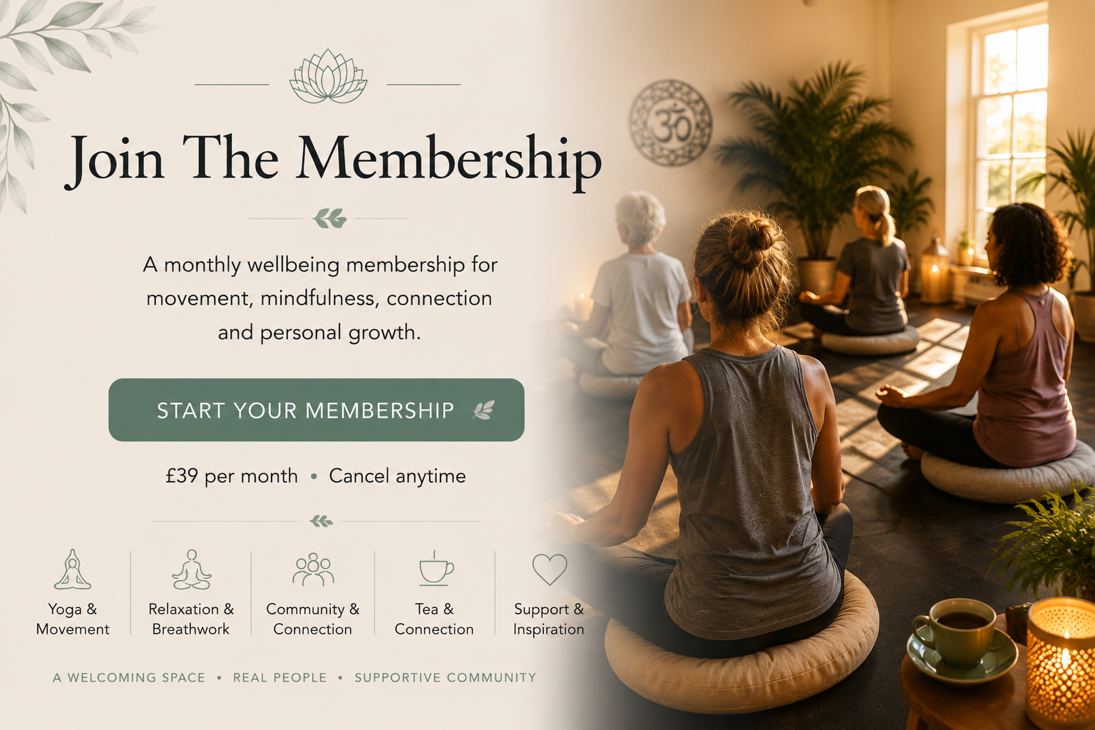 Promotional banner for wellness club featuring a photograph of people meditating in a brightly lit room with large windows, plants, and candles, alongside text inviting to join membership for wellbeing, movement, mindfulness, and personal growth.