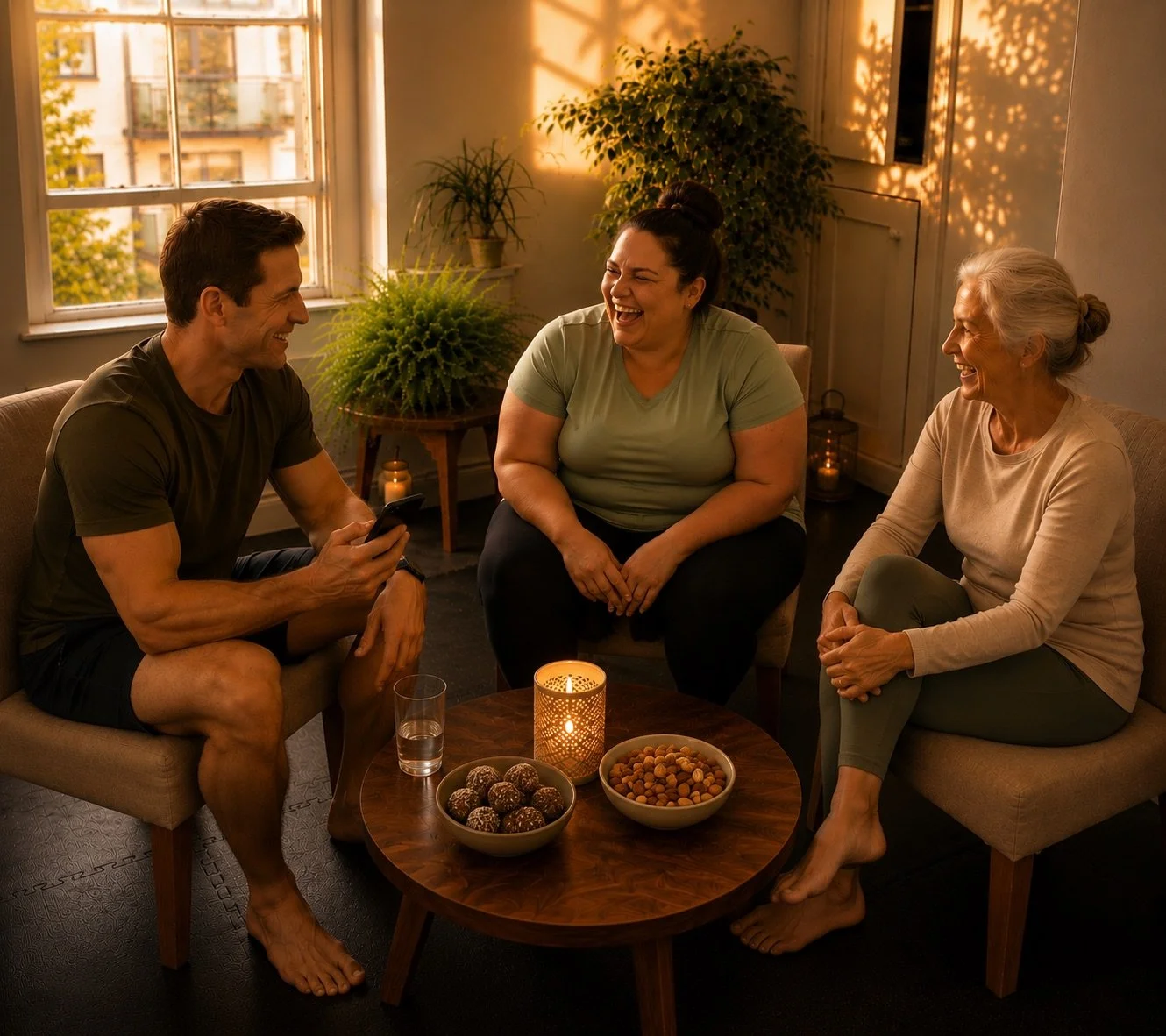Three women and one man sitting in a cozy living room, laughing and enjoying each other's company around a coffee table with snacks and a candle, illuminated by warm lighting coming through a window.
