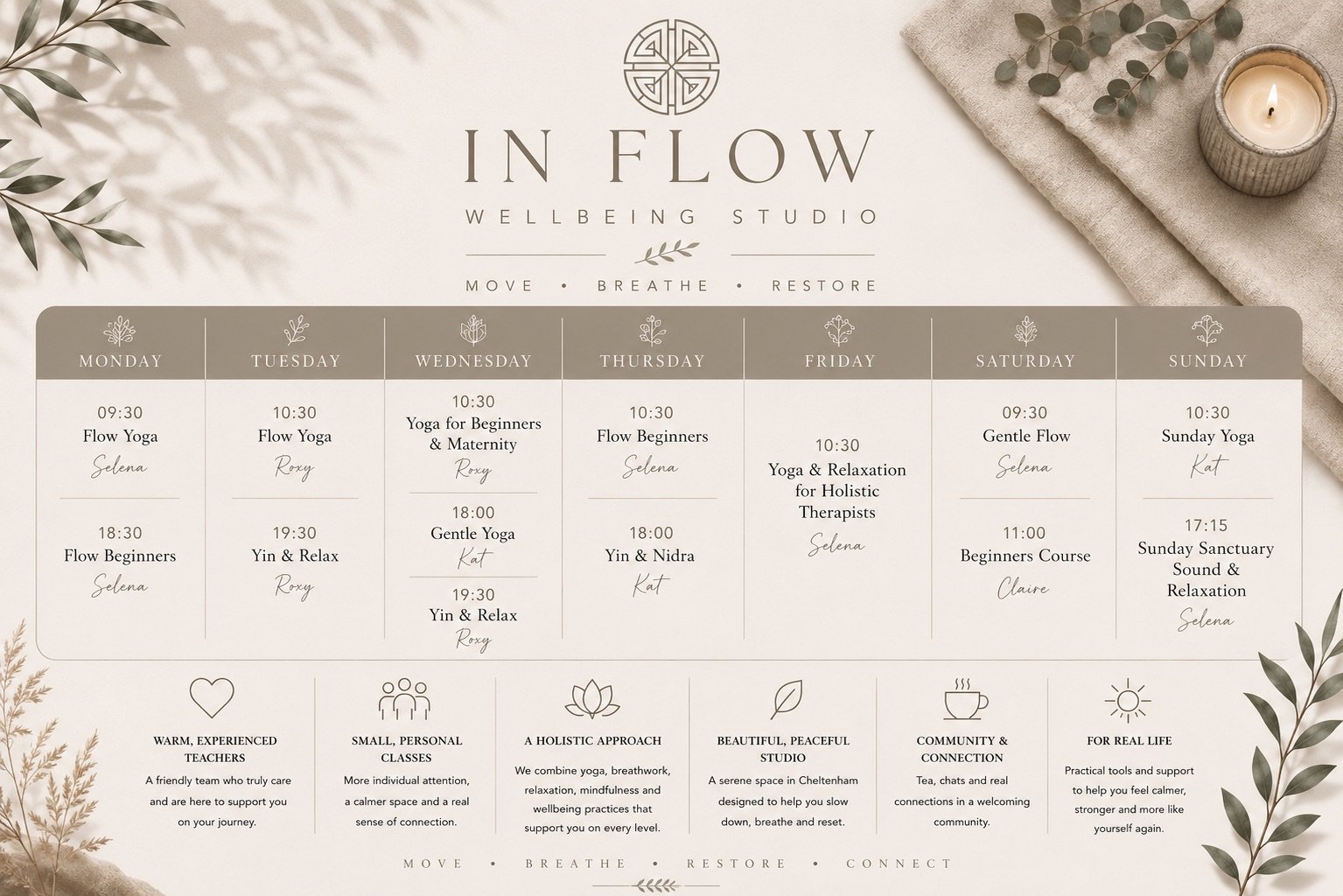 Weekly schedule of yoga and relaxation classes at In Flow Wellbeing Studio, including class types, times, and instructors, with decorative foliage and a candle on a beige background.