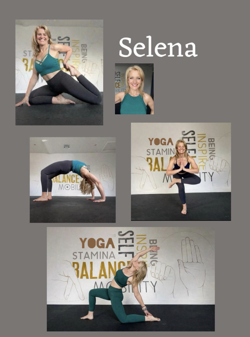A collage featuring a woman named Selena demonstrating various yoga poses indoors, with motivational words like "balance," "stamina," "energy," "inspire," "being," and "motivity" on the wall behind her.