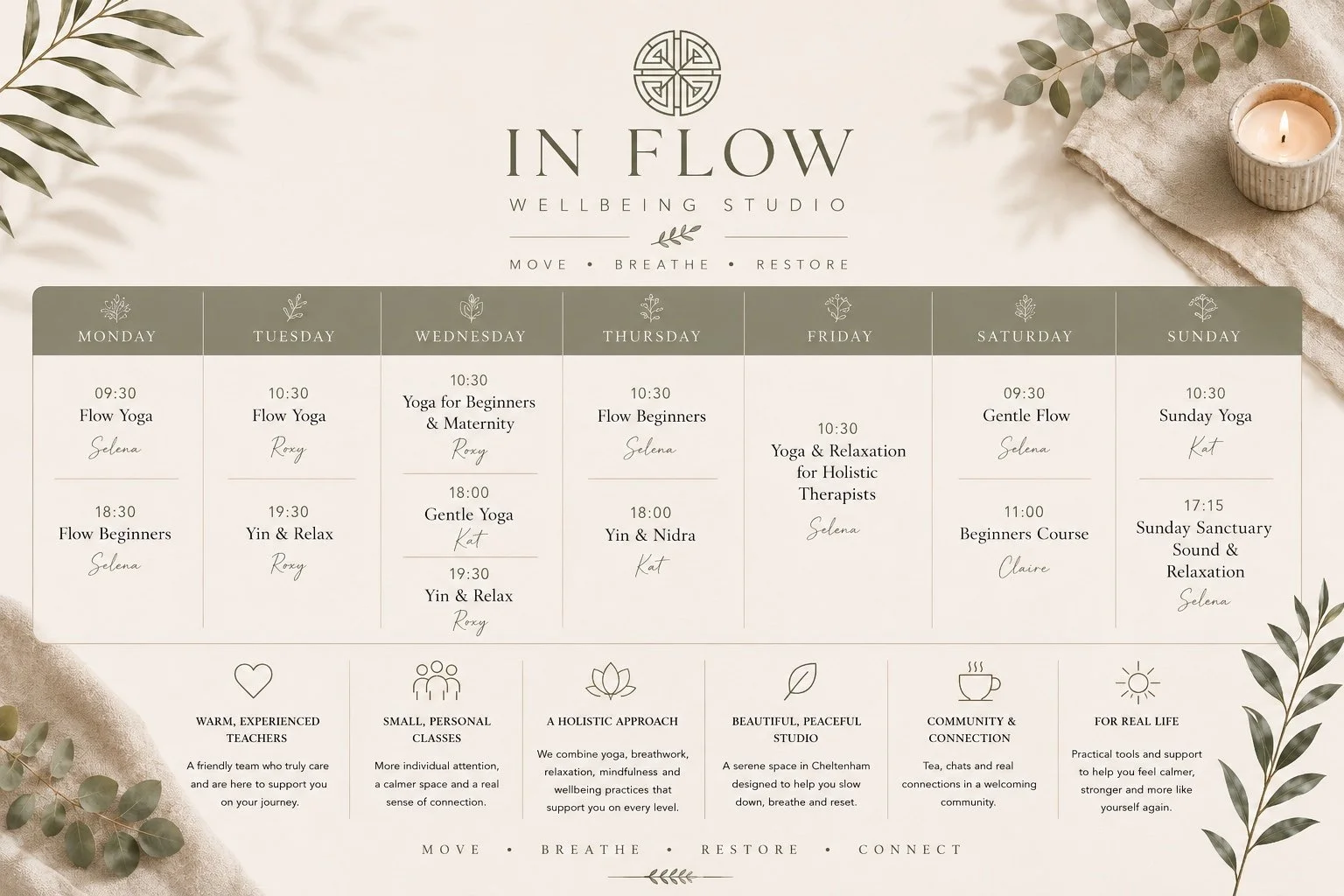 Weekly yoga class schedule from Monday to Sunday with class times and instructor names, surrounded by decorative leaves and a candle