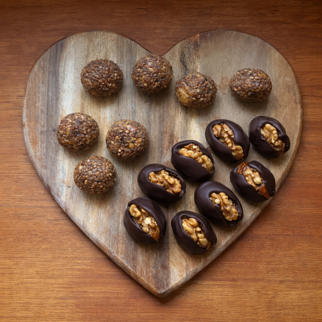 Heart-shaped wooden board with twelve energy balls, some topped with walnuts, arranged on a wooden surface.